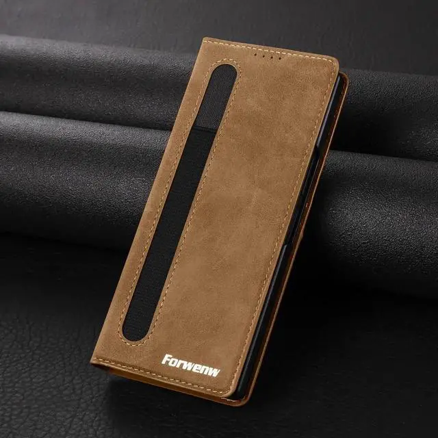 Alt view image 3 of 6 - Case for Samsung Galaxy Z Fold 6, Premium PU Leather Phone Cover with Card Holder, S Pen Holder, Stand, Shockproof Flip Wallet Cover Blue Brown