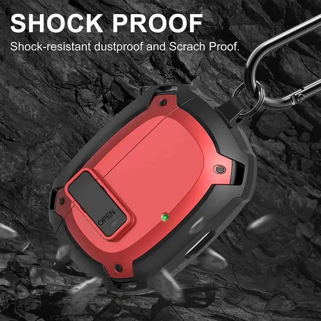 Alt view image 5 of 6 - Beats Studio Buds Case Cover 2021, Secure Lock Hard Rugged Cool Shockproof Protective Case Cover for Beats Studio Buds Wireless Earbuds Case Accessories with Keychain Carabiner for Men Women Red