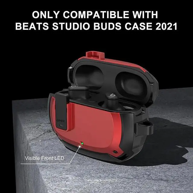 Alt view image 3 of 6 - Beats Studio Buds Case Cover 2021, Secure Lock Hard Rugged Cool Shockproof Protective Case Cover for Beats Studio Buds Wireless Earbuds Case Accessories with Keychain Carabiner for Men Women Red