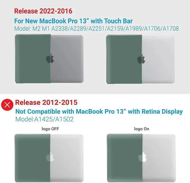 Alt view image 6 of 6 - Compatible with MacBook Pro 13 inch Case M2 2022, 2021, 2020-2016 A2338 M1 A2251 A2289 A2159 A1989 A1708 A1706, Plastic Hard Case with Keyboard Cover Skin Green