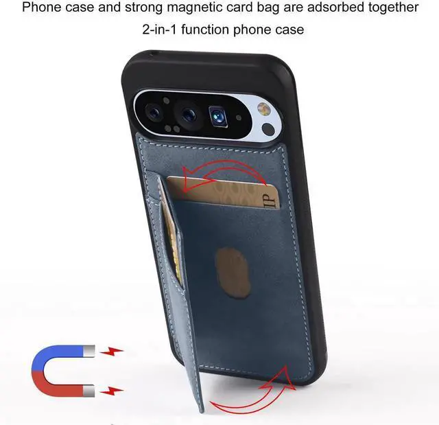 Alt view image 4 of 7 - Case for Google Pixel 9A 5G Premium PU Leather Phone Cover with Card Holder Kickstand Magnetic Shockproof Flip Wallet Cover Blue