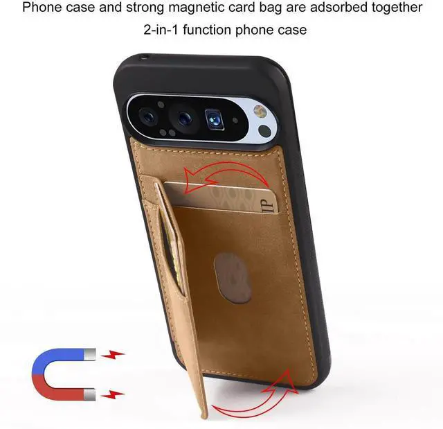 Alt view image 4 of 7 - Case for Google Pixel 9A 5G Premium PU Leather Phone Cover with Card Holder Kickstand Magnetic Shockproof Flip Wallet Cover Brown