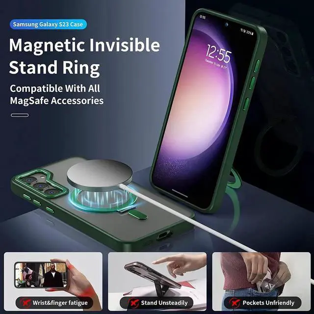 Alt view image 5 of 7 - For Samsung Galaxy S23 Case with Magnetic Invisible Stand [Compatible with Magsafe] Shockproof Slim Translucent Matte Cases for Samsung Galaxy S23 6.1 inch Green