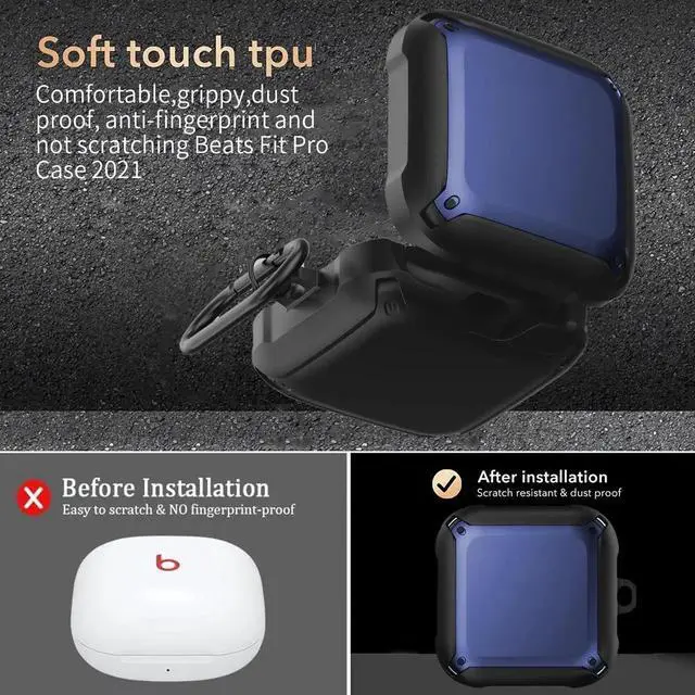 Alt view image 7 of 7 - For Beats Fit Pro Case Cover, Full-Body Protective Rugged Hard PC Soft TPU Armor Earbuds Case for Beats Fit Pro 2021 Headphones Accessories Charging Shell Protector with Carabiner