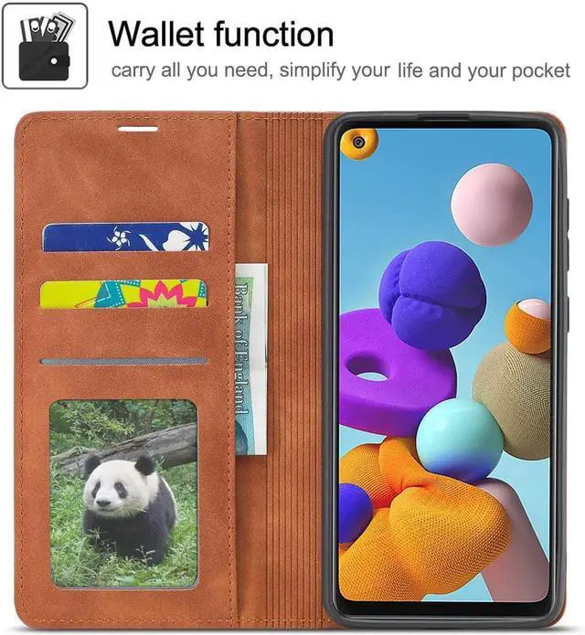 Alt view image 5 of 6 - for Samsung Galaxy A13 5G / A13 4G / A04s / A04 Case, Premium PU Leather Cover TPU Bumper with Card Holder Kickstand Hidden Magnetic Adsorption Shockproof Flip Wallet Cover Brown