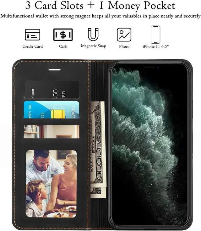 Alt view image 4 of 7 - iPhone 11 Pro Wallet Case Premium Leather iPhone 11 Pro Folio Flip Case with Kickstand Card Holder Slots Shockproof Protective Cover for Apple iPhone 11 Pro 5.8 inch Brown