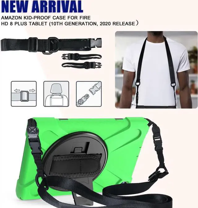 Alt view image 7 of 7 - Case for Amazon Kindle Fire HD 8 2020 / Fire 8 Plus 2020 - 10th Generation 2020 Released - Shockproof Protective Cover with Built-in Kickstand Hand Strap & Shoulder Strap Green