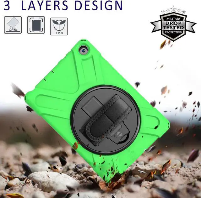 Alt view image 6 of 7 - Case for Amazon Kindle Fire HD 8 2020 / Fire 8 Plus 2020 - 10th Generation 2020 Released - Shockproof Protective Cover with Built-in Kickstand Hand Strap & Shoulder Strap Green