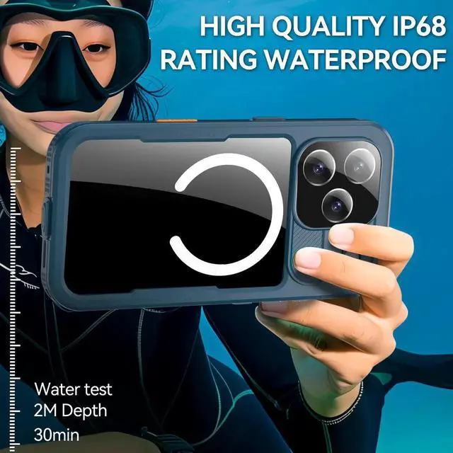 Alt view image 6 of 7 - for iPhone 17 Pro Waterproof Case Compatible with MagSafe, Magnetic Waterproof Full Body IP68 Underwater Case Built-in Screen Protector Military Grade Shockproof Phone Cover with Lanyard Blue