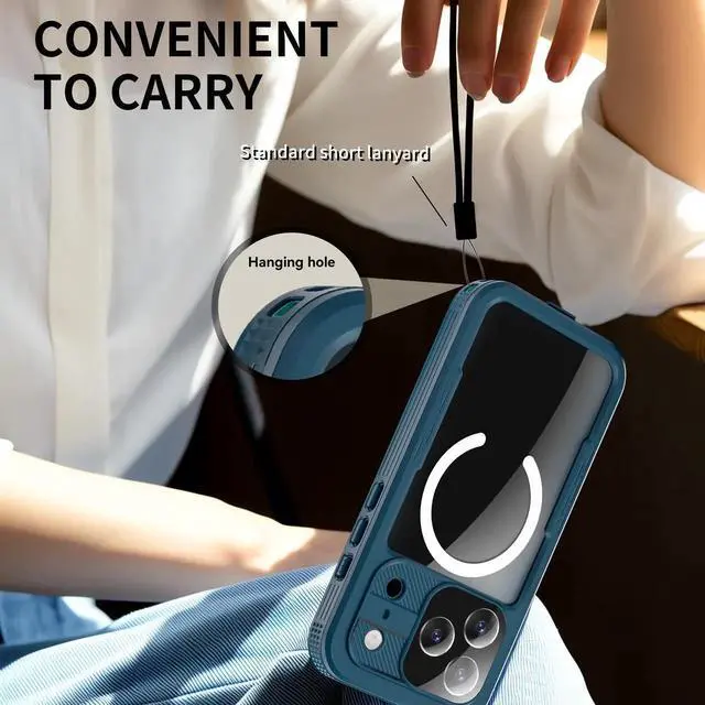 Alt view image 7 of 7 - for iPhone 17 Pro Waterproof Case Compatible with MagSafe, Magnetic Waterproof Full Body IP68 Underwater Case Built-in Screen Protector Military Grade Shockproof Phone Cover with Lanyard Blue