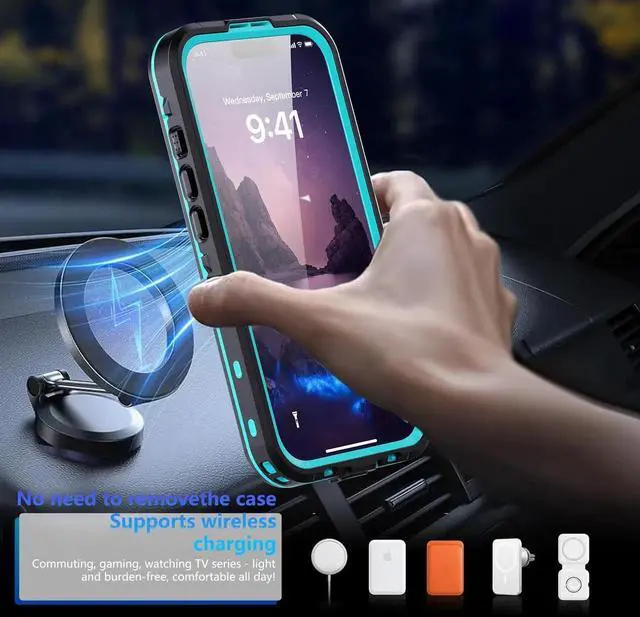 Alt view image 5 of 7 - for iPhone 17 Waterproof Case Compatible with MagSafe, Magnetic Waterproof Full Body IP68 Underwater Case Built-in Screen Protector Military Grade Shockproof Cover with Lanyard Blue