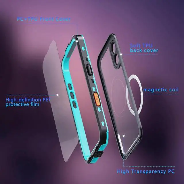 Alt view image 3 of 7 - for iPhone 17 Waterproof Case Compatible with MagSafe, Magnetic Waterproof Full Body IP68 Underwater Case Built-in Screen Protector Military Grade Shockproof Cover with Lanyard Blue