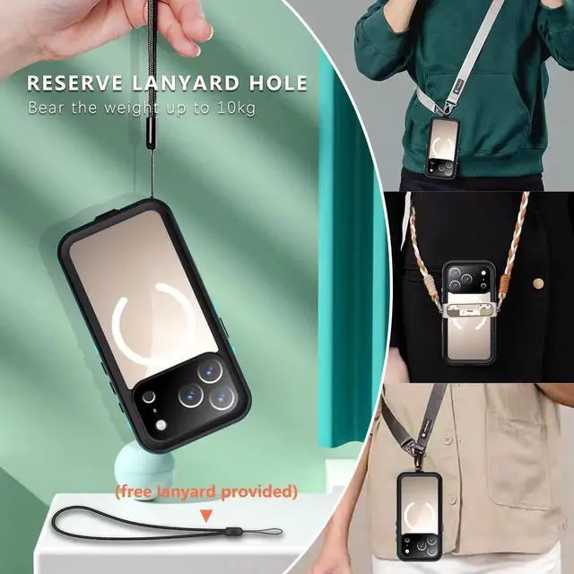 Alt view image 4 of 7 - for iPhone 17 Pro Waterproof Case Compatible with MagSafe, Magnetic Waterproof Full Body IP68 Underwater Case Built-in Screen Protector Military Grade Shockproof Cover with Lanyard Blue