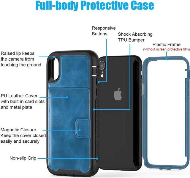 Alt view image 7 of 7 - iPhone XR Case with Wallet Full-Body Military Grade Protection Case with a Dual Layer Wallet designlot & Kickstand for iPhone XR 2018 Release for Girl Women Men Blue