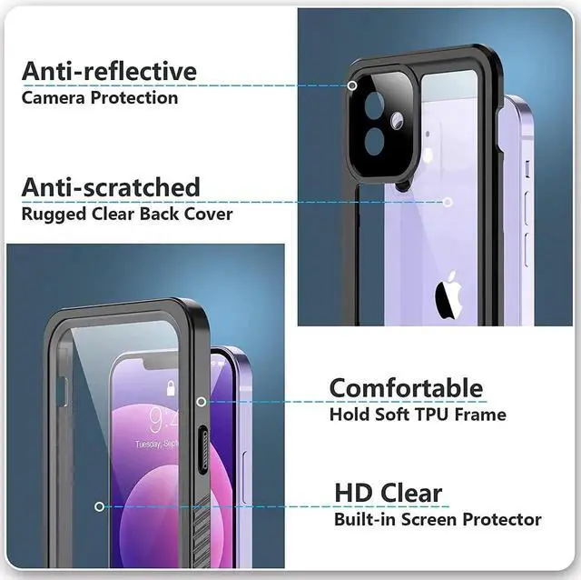 Alt view image 3 of 7 - iPhone 12 Case 6.1 inch, Waterproof Dustproof Shockproof Case with Built-in Screen Protector , Full Body Underwater Protective Cover for iPhone 12 6.1 inch