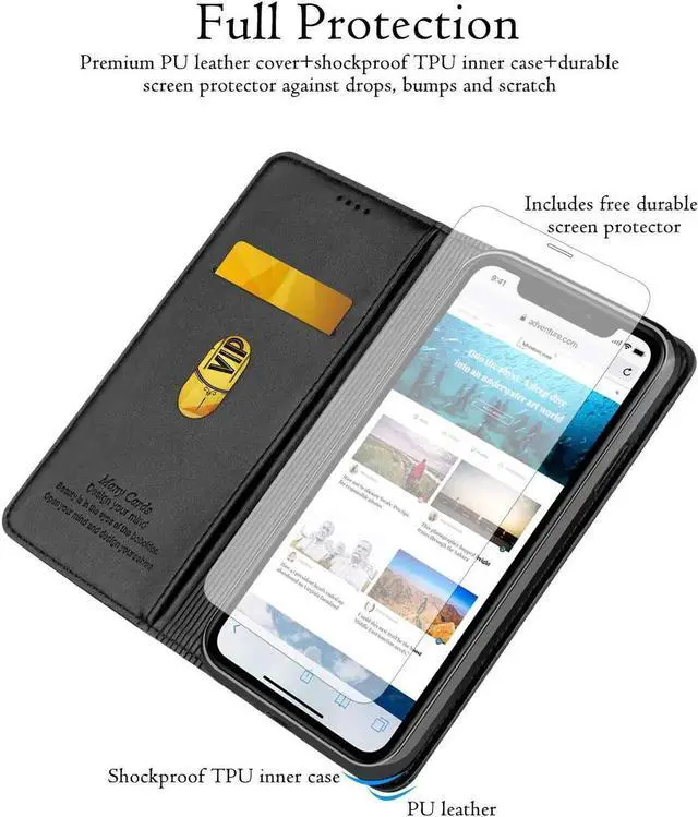 Alt view image 3 of 7 - iPhone XR Wallet Case Premium Leather iPhone XR Cases Folio Flip Case with Kickstand Card Holder Slots Screen Protector Shockproof Protective Cover for Apple iPhone XR 6.1 inch