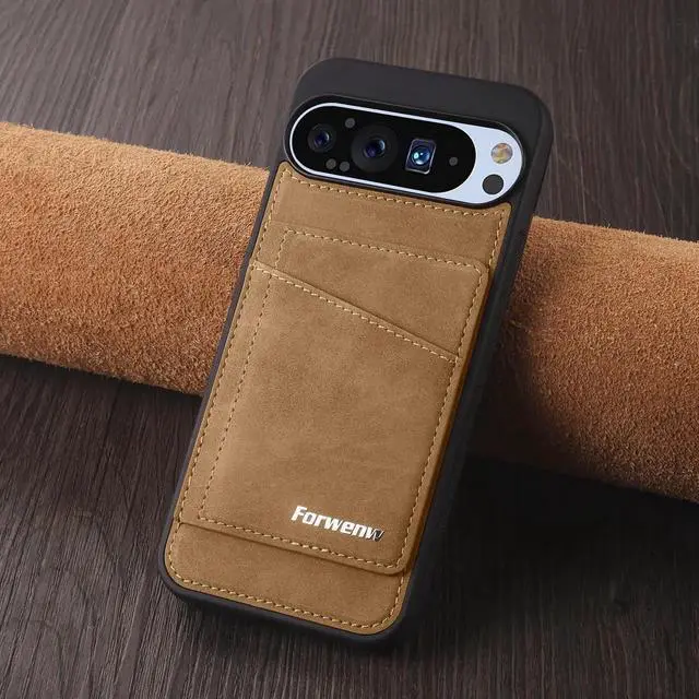 Alt view image 7 of 7 - Case for Google Pixel 9 Pro XL Premium PU Leather Phone Cover with Card Holder Kickstand Magnetic Shockproof Flip Wallet Cover Brown