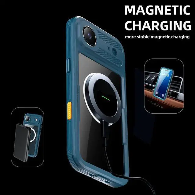 Alt view image 3 of 7 - for iPhone 17 Air Waterproof Case Compatible with MagSafe, Magnetic Waterproof Full Body IP68 Underwater Case Built-in Screen Protector Military Grade Shockproof Phone Cover with Lanyard Blue