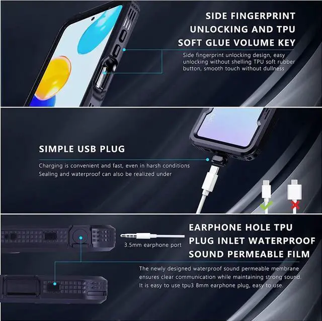 Alt view image 3 of 7 - XiaoMi RedMi Note 11/Note 11S Waterproof Case, [Fingerprint Unlock] IP68 Certified Rugged Full Body Underwater Dustproof Shockproof Heavy Duty Protective Case with Screen Protector Wrist Strap, Black