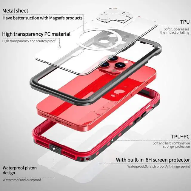 Alt view image 3 of 7 - for iPhone 15 Pro Max 6.7 inch Waterproof Case Magnetic, [Compatible with MagSafe][with Screen Protector][IP68 Underwater][Dustproof] Phone Cover for iPhone 15 Pro Max 6.7" Red