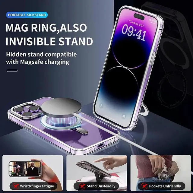 Alt view image 6 of 6 - For iPhone 13 Pro Max 6.7 inch Case with Magnetic Invisible Stand [Compatible with Magsafe] Shockproof Slim Translucent Matte Cover [Tempered Glass Screen Protector + Camera Lens Protector] Clear