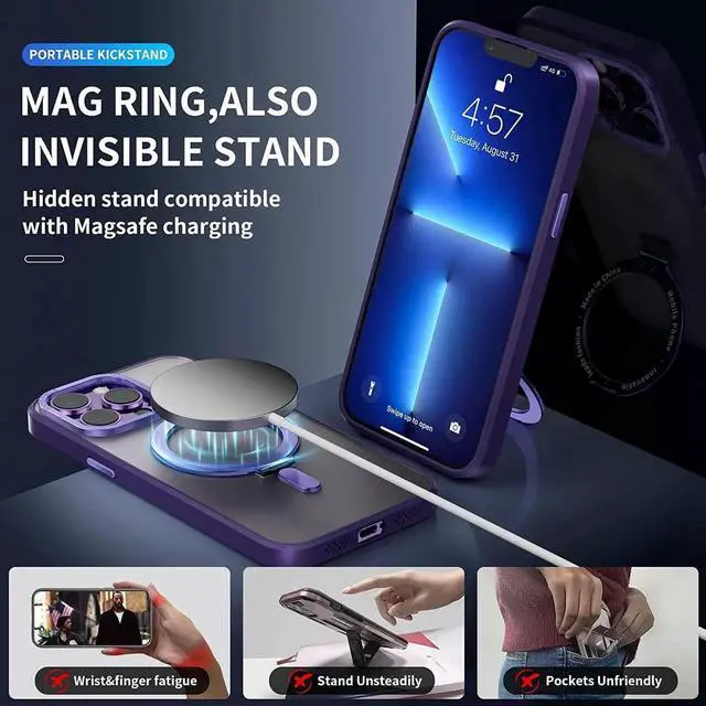 Alt view image 7 of 7 - For iPhone 13 Pro Max 6.7 inch Case with Magnetic Invisible Stand [Compatible with Magsafe] Shockproof Slim Translucent Matte Cover [Tempered Glass Screen Protector + Camera Lens Protector] Purple