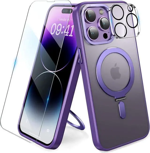 Alt view image 3 of 7 - For iPhone 13 Pro Max 6.7 inch Case with Magnetic Invisible Stand [Compatible with Magsafe] Shockproof Slim Translucent Matte Cover [Tempered Glass Screen Protector + Camera Lens Protector] Purple