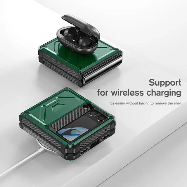 Alt view image 5 of 7 - For Samsung Galaxy Z Flip 4 5G 2022 Case with Slide Camera Cover, Military Grade Heavy Duty Protective Armor Phone Case Shockproof Cover Green