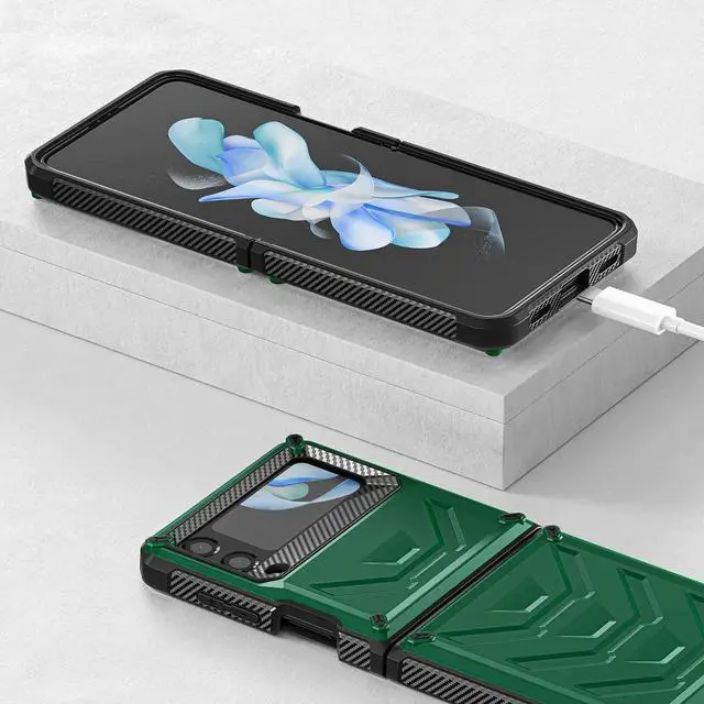 Alt view image 3 of 7 - For Samsung Galaxy Z Flip 4 5G 2022 Case with Slide Camera Cover, Military Grade Heavy Duty Protective Armor Phone Case Shockproof Cover Green