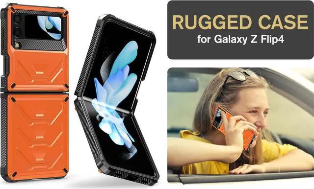 Alt view image 5 of 7 - For Samsung Galaxy Z Flip 4 5G 2022 Case with Slide Camera Cover, Military Grade Heavy Duty Protective Armor Phone Case Shockproof Cover Orange