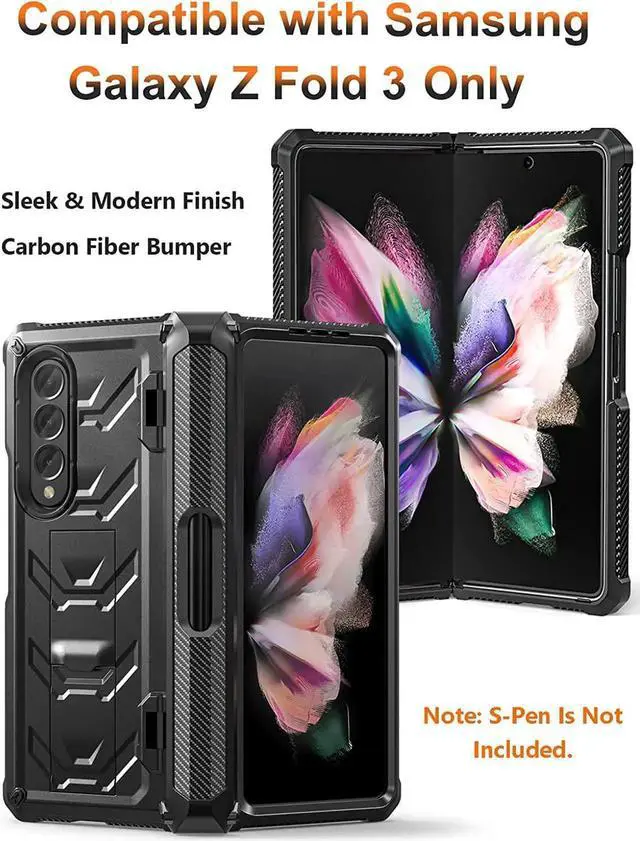Alt view image 7 of 7 - For Samsung Galaxy Z Fold 3 Case with S Pen Holder, Built-in Kickstand / Screen Protector / Camera & Hinge Protection, 360° Protection Phone Case Cover for Samsung Galaxy Z Fold 3 5G 2021