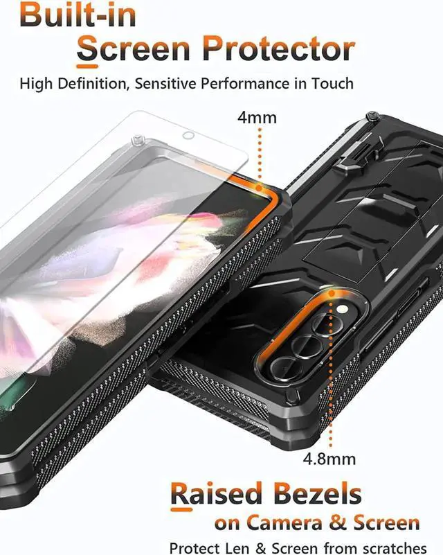 Alt view image 5 of 7 - For Samsung Galaxy Z Fold 3 Case with S Pen Holder, Built-in Kickstand / Screen Protector / Camera & Hinge Protection, 360° Protection Phone Case Cover for Samsung Galaxy Z Fold 3 5G 2021