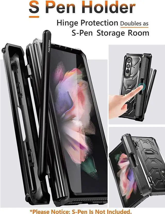 Alt view image 2 of 7 - For Samsung Galaxy Z Fold 3 Case with S Pen Holder, Built-in Kickstand / Screen Protector / Camera & Hinge Protection, 360° Protection Phone Case Cover for Samsung Galaxy Z Fold 3 5G 2021