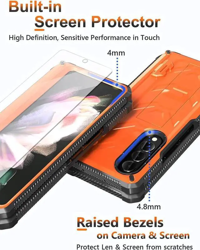 Alt view image 4 of 7 - For Samsung Galaxy Z Fold 3 Case with S Pen Holder, Built-in Kickstand / Screen Protector / Camera & Hinge Protection, 360° Protection Phone Case Cover for Samsung Galaxy Z Fold 3 5G 2021 Orange