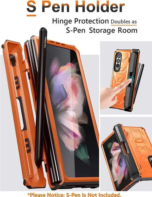 Alt view image 6 of 7 - For Samsung Galaxy Z Fold 3 Case with S Pen Holder, Built-in Kickstand / Screen Protector / Camera & Hinge Protection, 360° Protection Phone Case Cover for Samsung Galaxy Z Fold 3 5G 2021 Orange