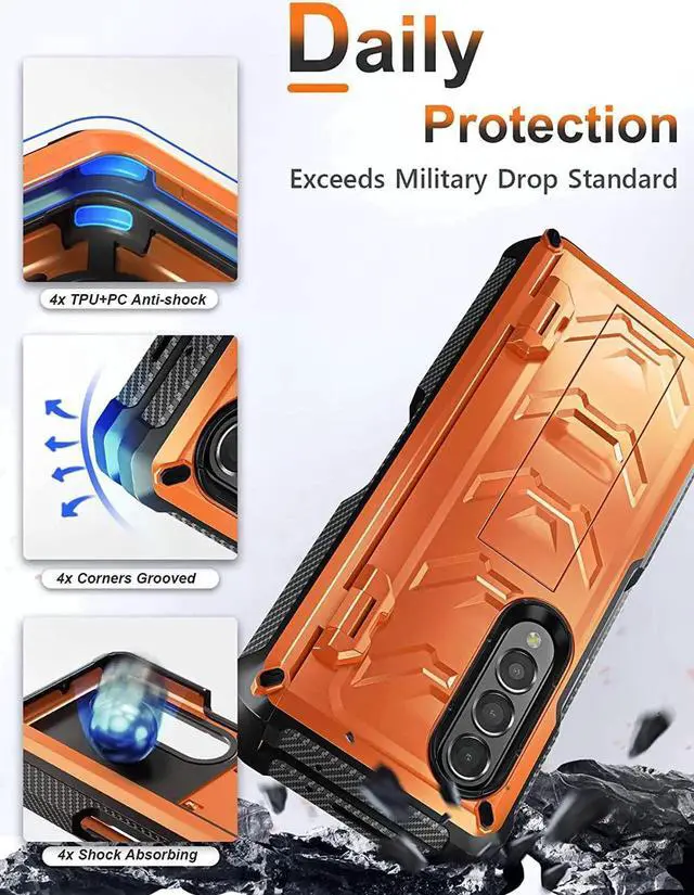Alt view image 5 of 7 - For Samsung Galaxy Z Fold 3 Case with S Pen Holder, Built-in Kickstand / Screen Protector / Camera & Hinge Protection, 360° Protection Phone Case Cover for Samsung Galaxy Z Fold 3 5G 2021 Orange