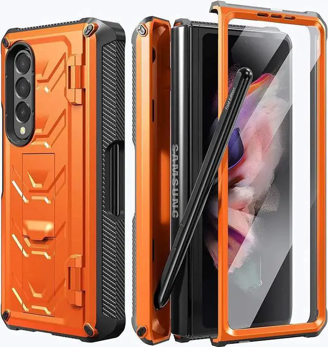 Main image of For Samsung Galaxy Z Fold 3 Case with S Pen Holder, Built-in Kickstand / Screen Protector / Camera & Hinge Protection, 360° Protection Phone Case Cover for Samsung Galaxy Z Fold 3 5G 2021 Orange