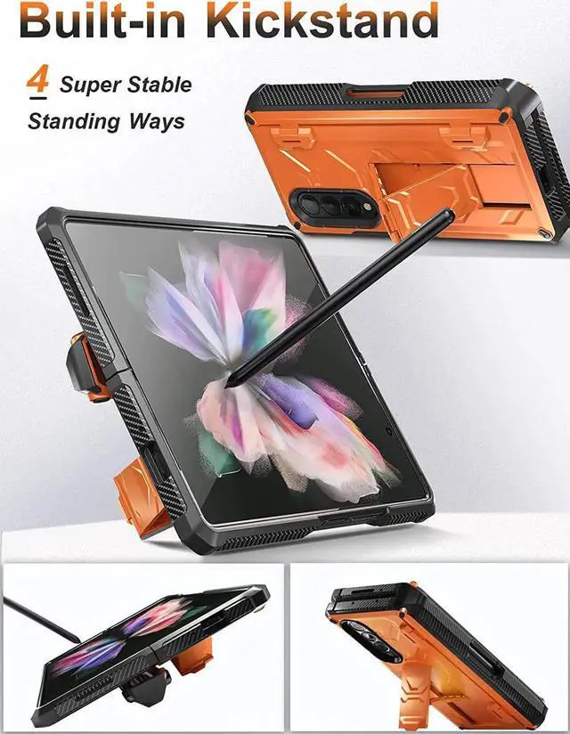 Alt view image 7 of 7 - For Samsung Galaxy Z Fold 3 Case with S Pen Holder, Built-in Kickstand / Screen Protector / Camera & Hinge Protection, 360° Protection Phone Case Cover for Samsung Galaxy Z Fold 3 5G 2021 Orange