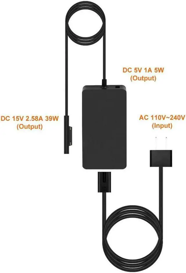 Alt view image 4 of 7 - 15V 2.58A Surface 44W Power Supply for Surface Pro 6 Charger Surface Laptop 2 Pro 5 Pro 4 Pro 3 Go Microsoft 1800 Surface 44W Power Ac Adapter Cord with 5V USB Port and US Extension Cord