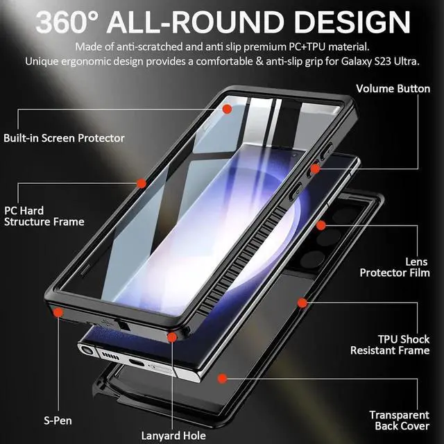 Alt view image 3 of 7 - Compatible for Samsung Galaxy S23 Ultra Case Waterproof, S23 Ultra Waterproof Case with Built-in Lens & Screen Protector Full Body Protective Case for Galaxy S23 Ultra 6.8'' 2023, Black