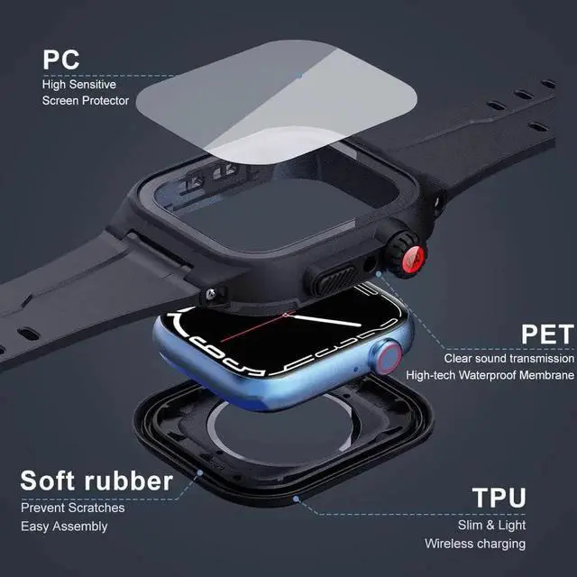 Alt view image 2 of 7 - Compatible with Apple Watch Series 8 / Series 7 45mm Waterproof Case,Full Body Case with Screen Protector and Band, iWatch S8 S7 45mm Bumper Case Cover