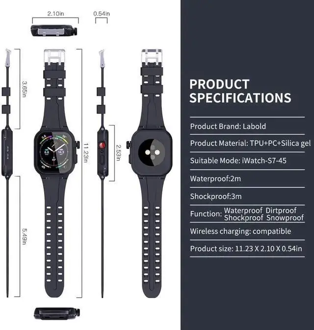 Alt view image 7 of 7 - Compatible with Apple Watch Series 8 / Series 7 45mm Waterproof Case,Full Body Case with Screen Protector and Band, iWatch S8 S7 45mm Bumper Case Cover