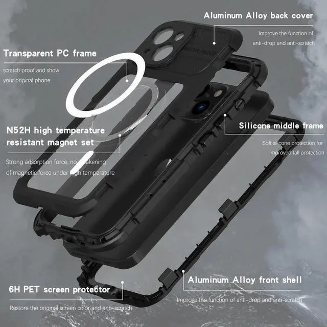 Alt view image 7 of 7 - iPhone 14 6.1 inch Waterproof Case, MagSafe Compatible, Built-in Screen Protector IP68 Underwater Dustproof 360 Full Body Shockproof Protective Cover