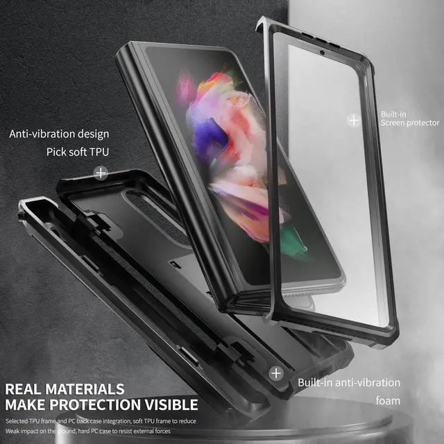 Alt view image 4 of 7 - Case for Samsung Galaxy Z Fold 3 5G 2021, Military-Grade Full-Body Shockproof Rugged Bumper Case Cover with Built-in Screen Protector & Kickstand & S Pen Slot