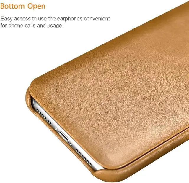 Alt view image 4 of 5 - iPhone Xs MAX Leather Case Genuine Vintage Leather Flip Folio Opening Cover in Curved Edge Design Slim Thin Side Open Case for iPhone Xs MAX 6.5 Inch Khaki