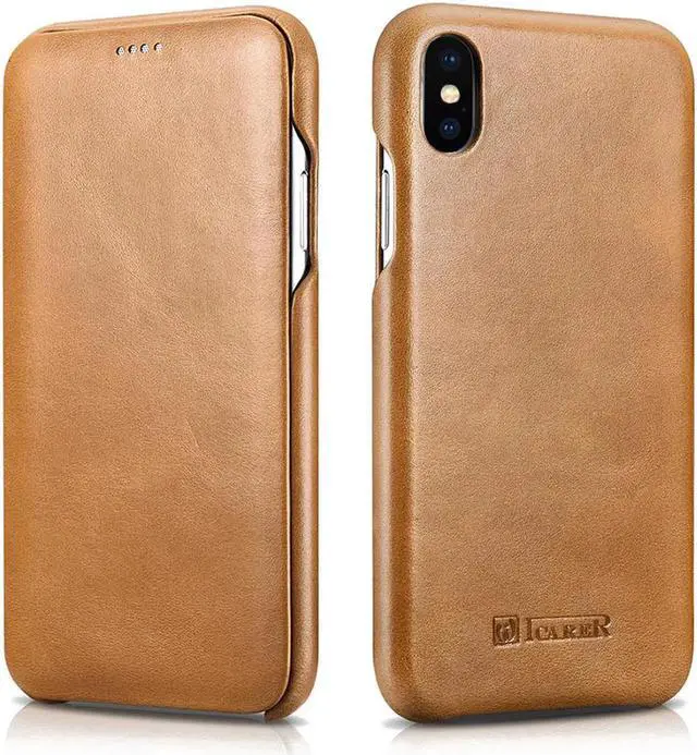 Main image of iPhone Xs MAX Leather Case Genuine Vintage Leather Flip Folio Opening Cover in Curved Edge Design Slim Thin Side Open Case for iPhone Xs MAX 6.5 Inch Khaki