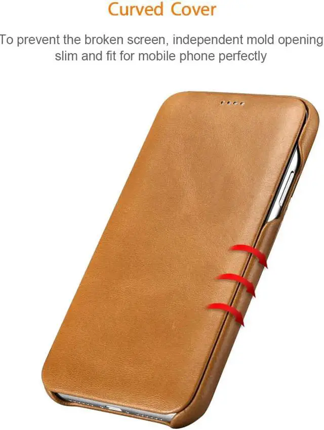 Alt view image 5 of 5 - iPhone Xs MAX Leather Case Genuine Vintage Leather Flip Folio Opening Cover in Curved Edge Design Slim Thin Side Open Case for iPhone Xs MAX 6.5 Inch Khaki