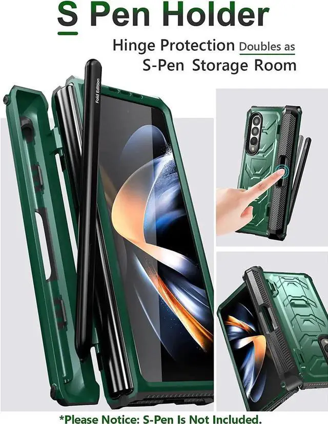 Alt view image 5 of 7 - For Samsung Galaxy Z Fold 4 Case with S Pen Holder Built-in Kickstand & Screen Protector, 360° Full-Body & Hinge Protection Rugged Heavy Duty Phone Cover for Galaxy Z Fold 4 2022 5G Green