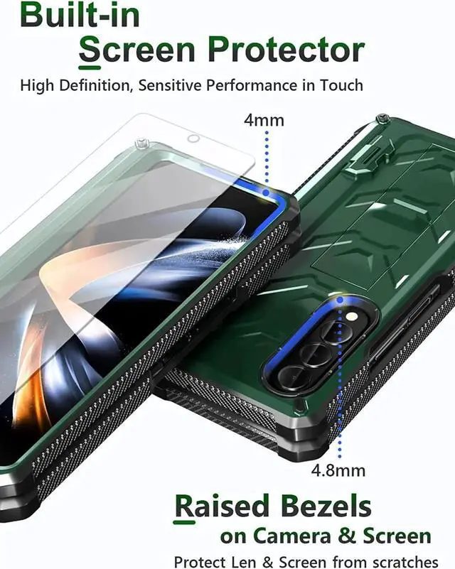Alt view image 3 of 7 - For Samsung Galaxy Z Fold 4 Case with S Pen Holder Built-in Kickstand & Screen Protector, 360° Full-Body & Hinge Protection Rugged Heavy Duty Phone Cover for Galaxy Z Fold 4 2022 5G Green