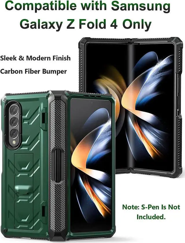 Alt view image 4 of 7 - For Samsung Galaxy Z Fold 4 Case with S Pen Holder Built-in Kickstand & Screen Protector, 360° Full-Body & Hinge Protection Rugged Heavy Duty Phone Cover for Galaxy Z Fold 4 2022 5G Green